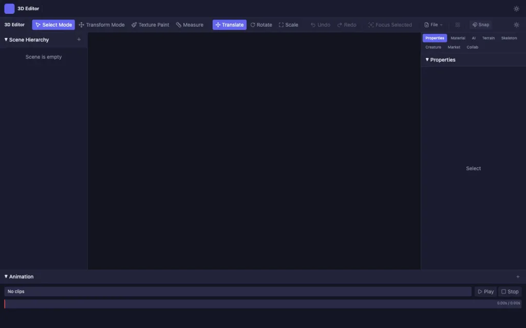 3D Editor with the transform toolbar, scene hierarchy, properties tabs and animation panel