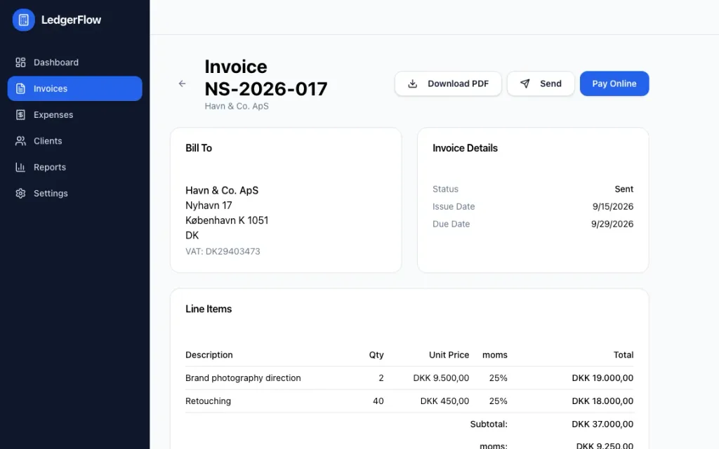 A LedgerFlow invoice with line items and 25% Danish VAT. Demo data: Nordlys Studio ApS, a Copenhagen design studio.
