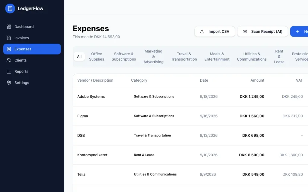 LedgerFlow expense list with categories and reclaimable VAT. Demo data: Nordlys Studio ApS, a Copenhagen design studio.