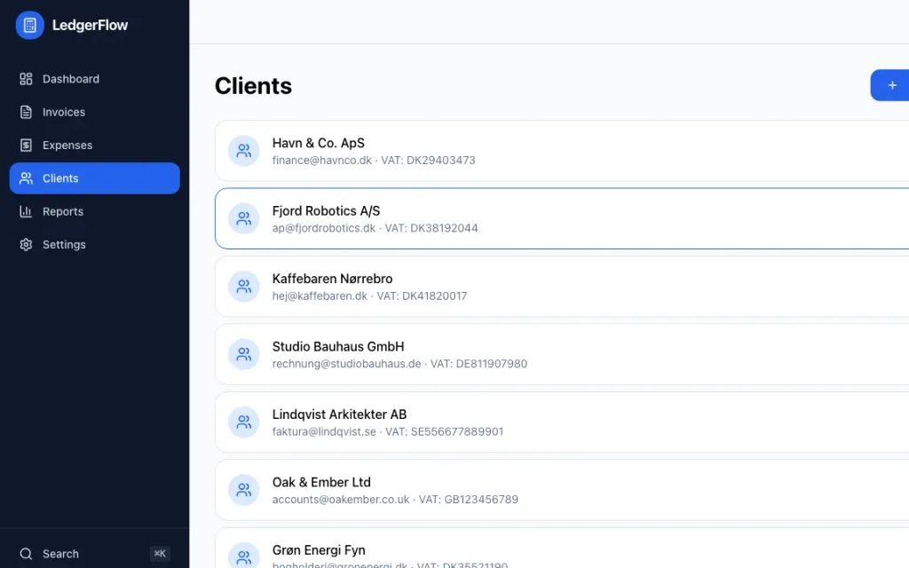 LedgerFlow client list with Danish, German, Swedish, and UK clients. Demo data: Nordlys Studio ApS, a Copenhagen design studio.