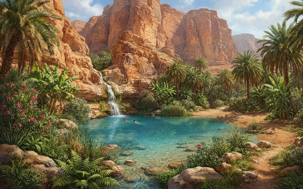 A small oasis surrounded by desert