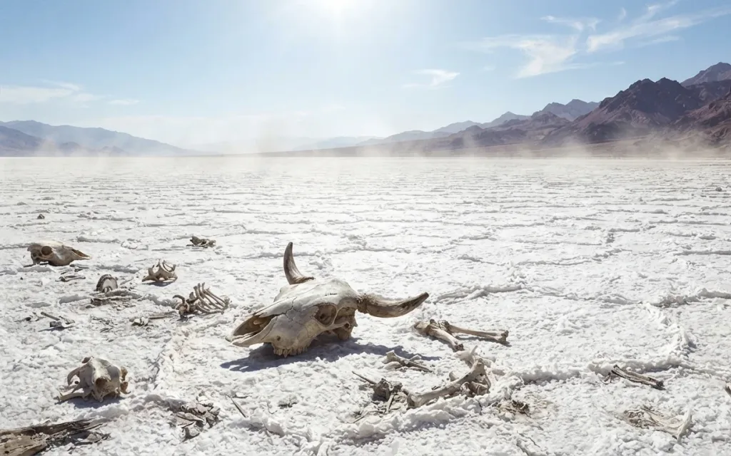 A cracked white salt flat