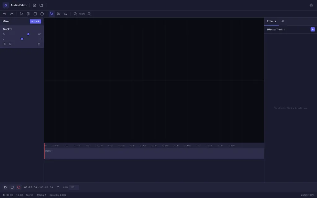 Audio Editor with an empty multi-track timeline and the effects panel