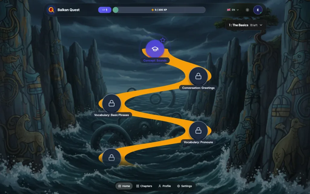 Balkan Quest chapter 1 quest path winding across an illustrated background, the first lesson unlocked and later ones locked