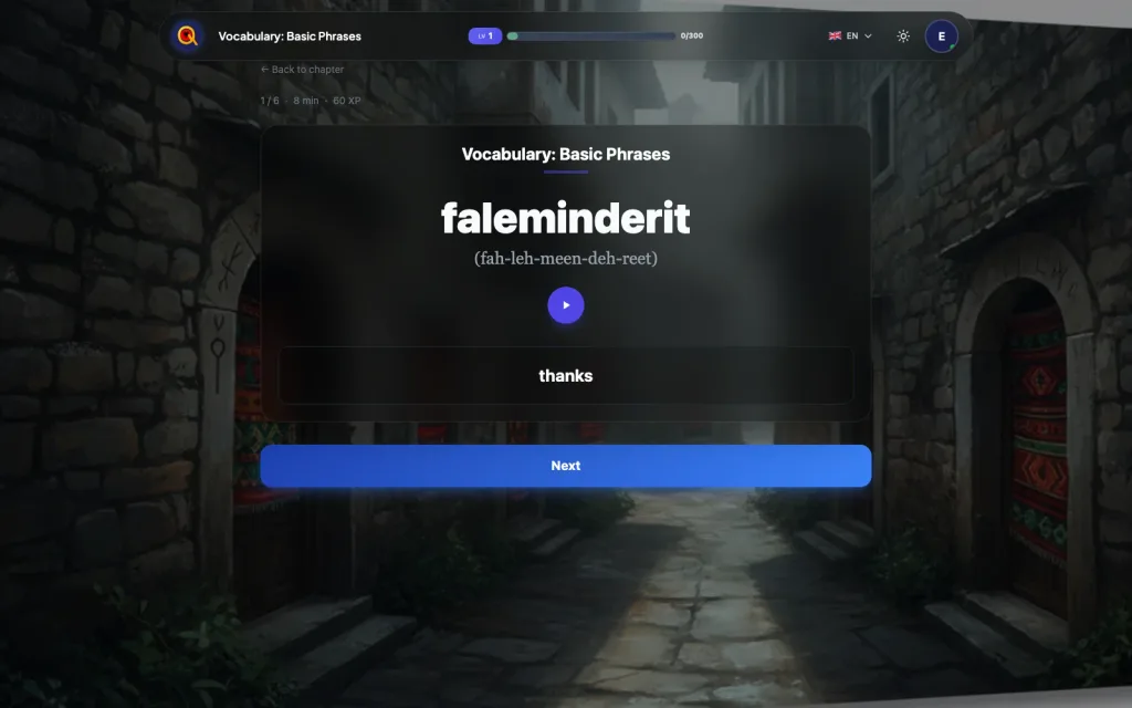 Albanian lesson Basic Phrases open in Balkan Quest, with its first screen of content