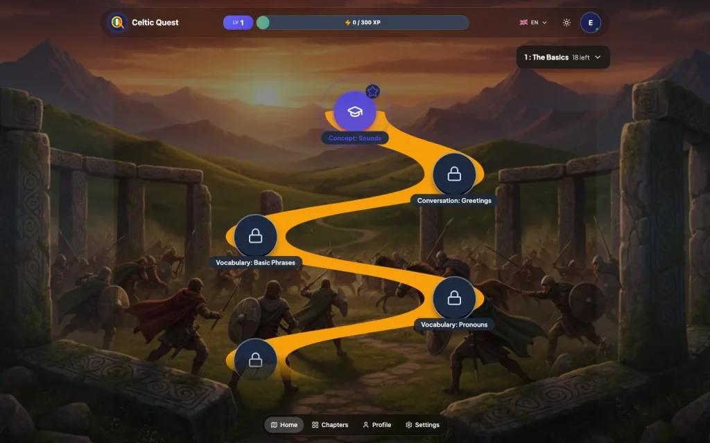 Celtic Quest chapter 1 quest path winding across an illustrated background, the first lesson unlocked and later ones locked
