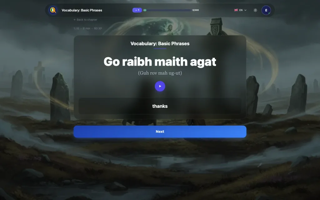 Irish lesson Basic Phrases open in Celtic Quest, with its first screen of content