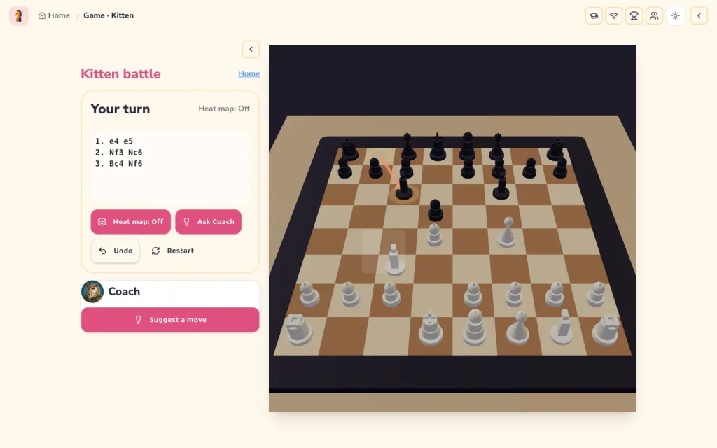 ChessMate game screen: 3D chess board after 1. e4 e5 2. Nf3 Nc6 3. Bc4 Nf6, move list and coach panel on the left