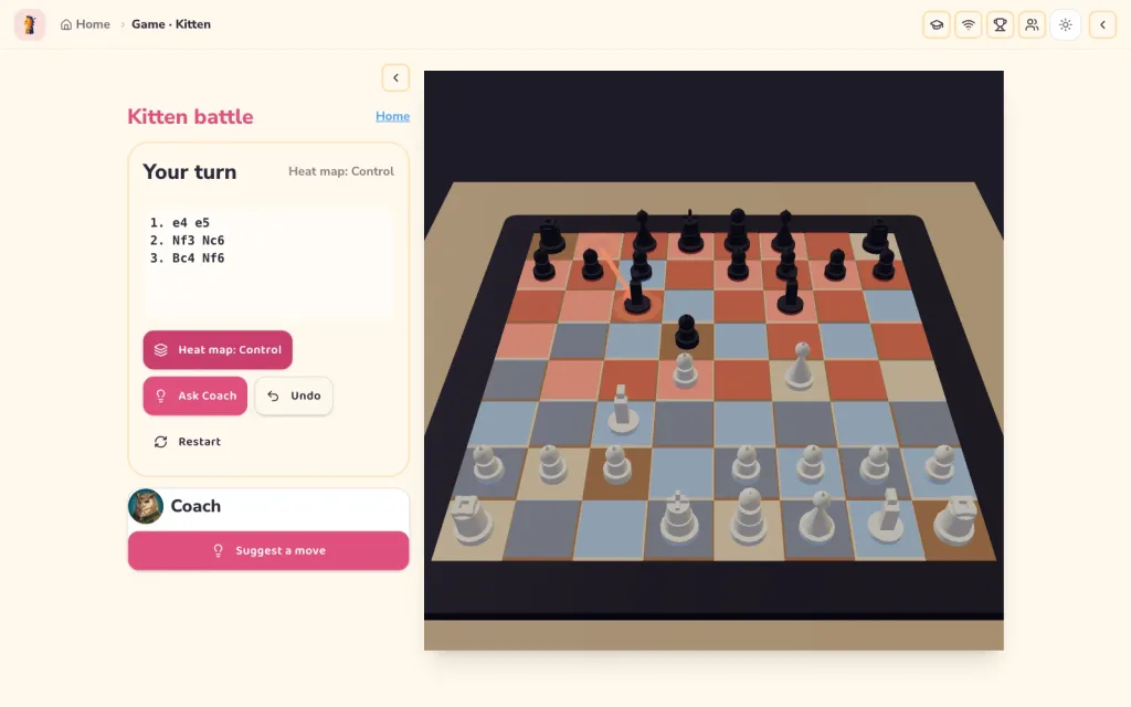 Chess board tinted red and blue by square control, with the heat map toggle on