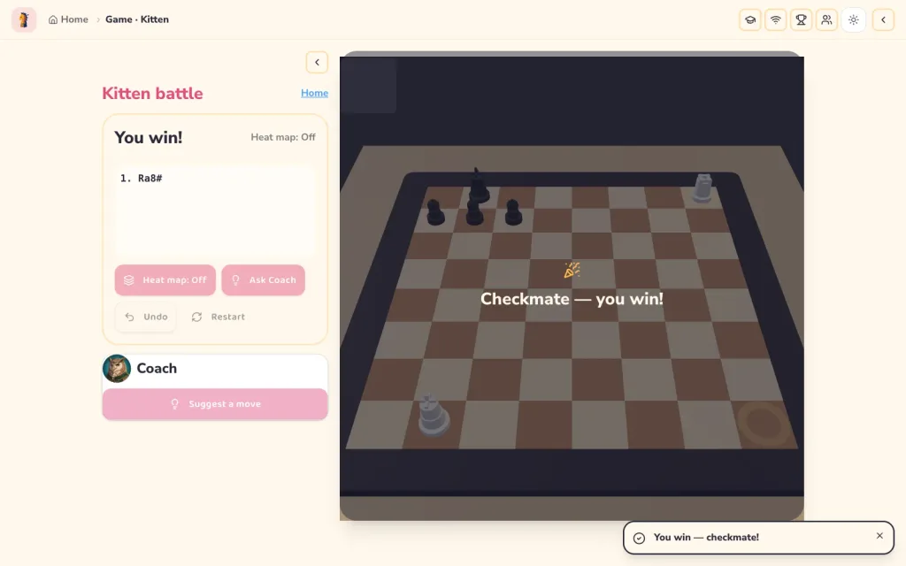 Board showing Ra8 checkmate with a 'Checkmate — you win!' overlay
