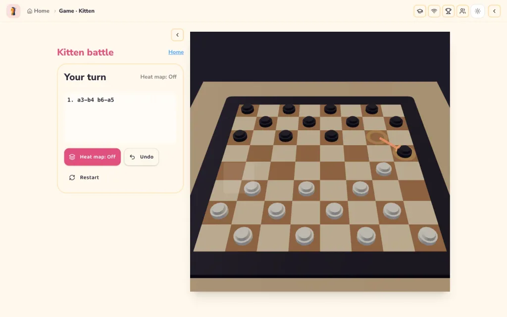 3D checkers board after 1. a3-b4 b6-a5