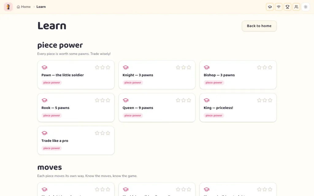 Learn screen with lesson cards such as 'Pawn — the little soldier' and 'Knight — 3 pawns'
