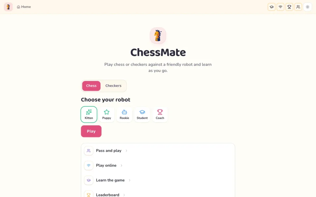ChessMate home screen with the knight logo, game picker and robot picker