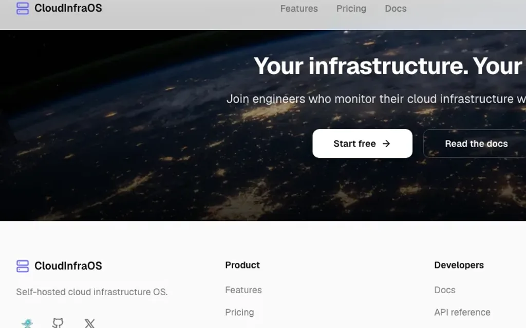 CloudInfraOS landing page with hero, stats and provider callouts
