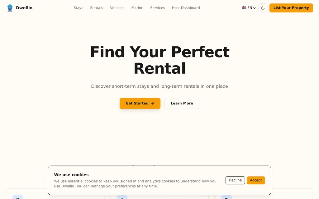 Dwellio marketing home page with the rental search hero