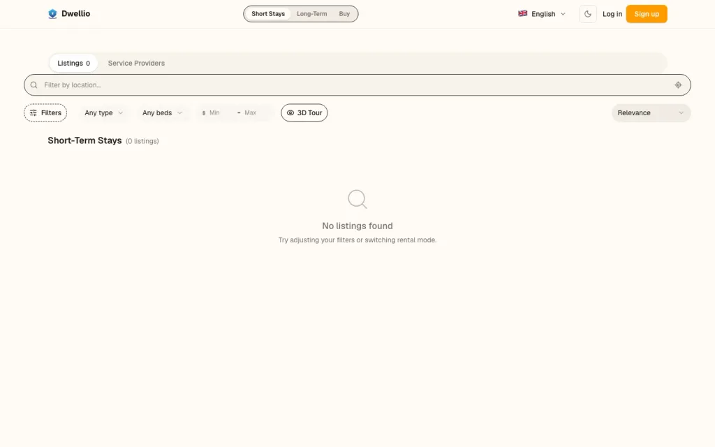 Dwellio app search page with rental-mode tabs and filters