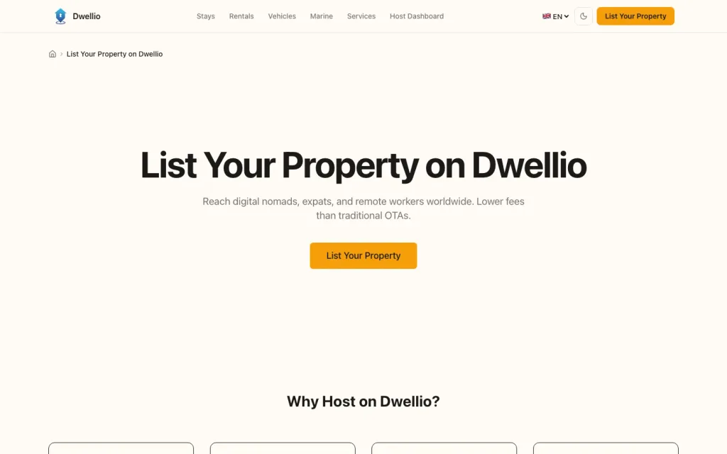 Dwellio page for hosts listing fees and hosting steps