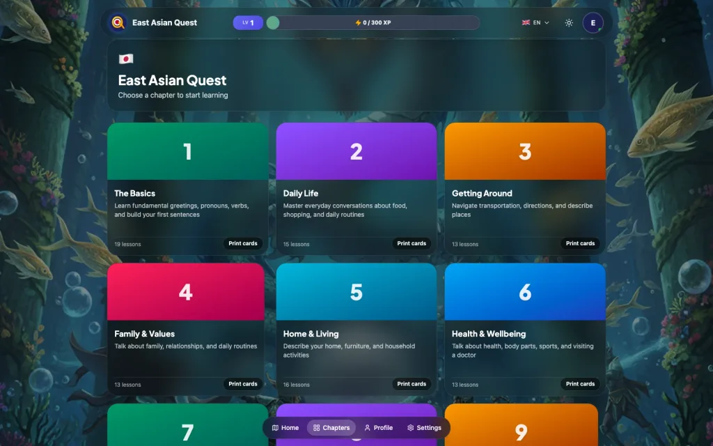 East Asian Quest chapter grid showing numbered chapters such as The Basics, Daily Life and Getting Around