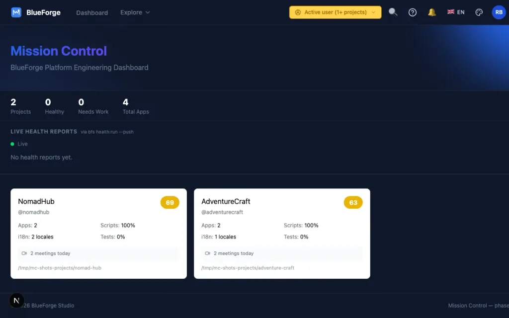 Mission Control dashboard page with top navigation, page title, and main content area
