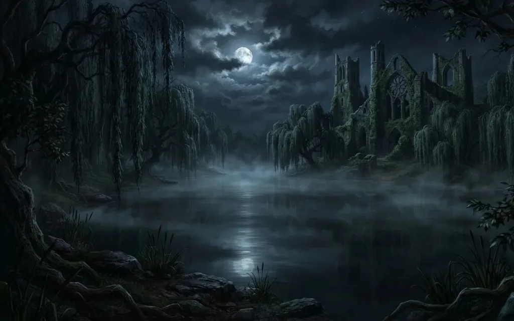 A drowned village in fog