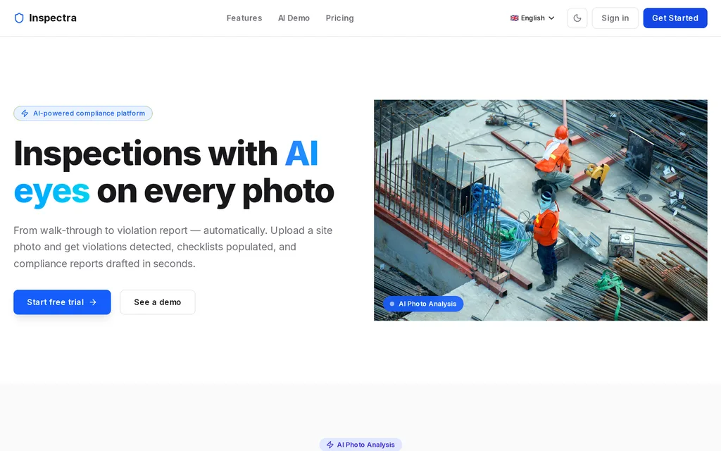 Inspectra marketing home page with the AI photo analysis hero