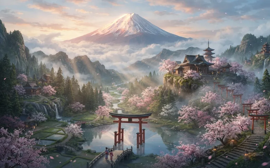 Mist-wrapped sacred mountains