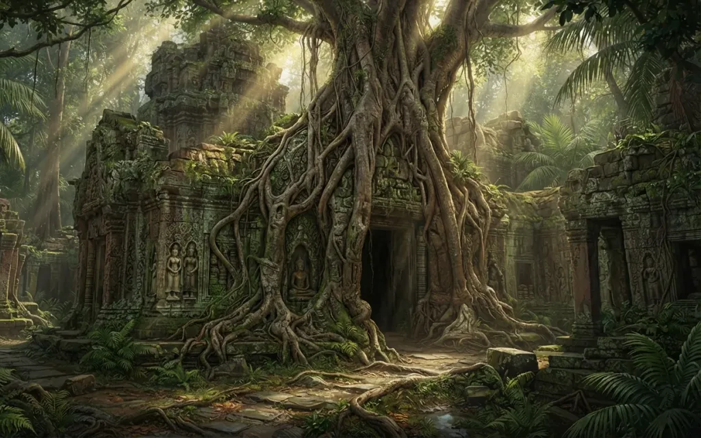 A temple overgrown by enormous roots