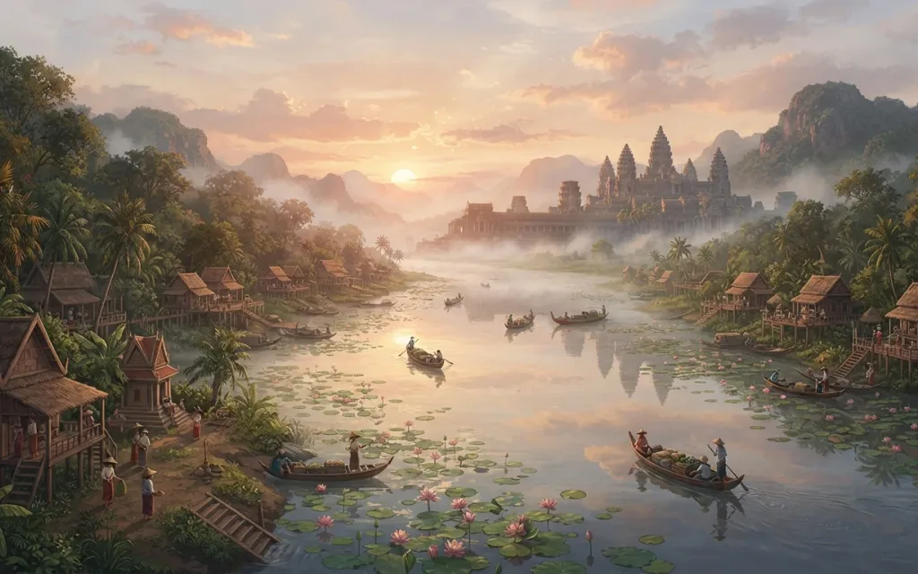 A wide lotus-covered river valley