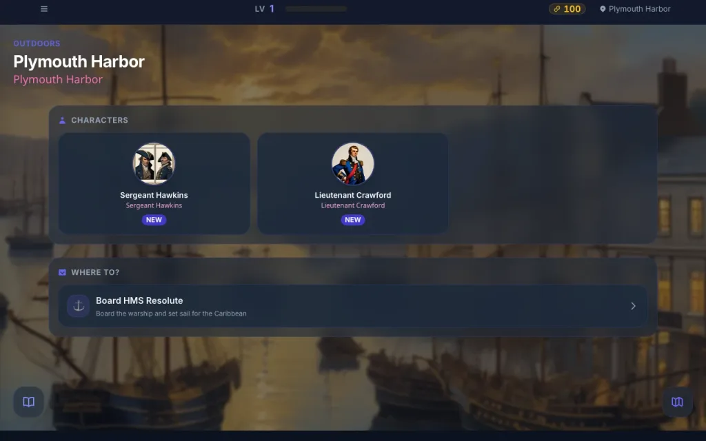 A Pirate Quest scene listing the characters present and the routes to other places