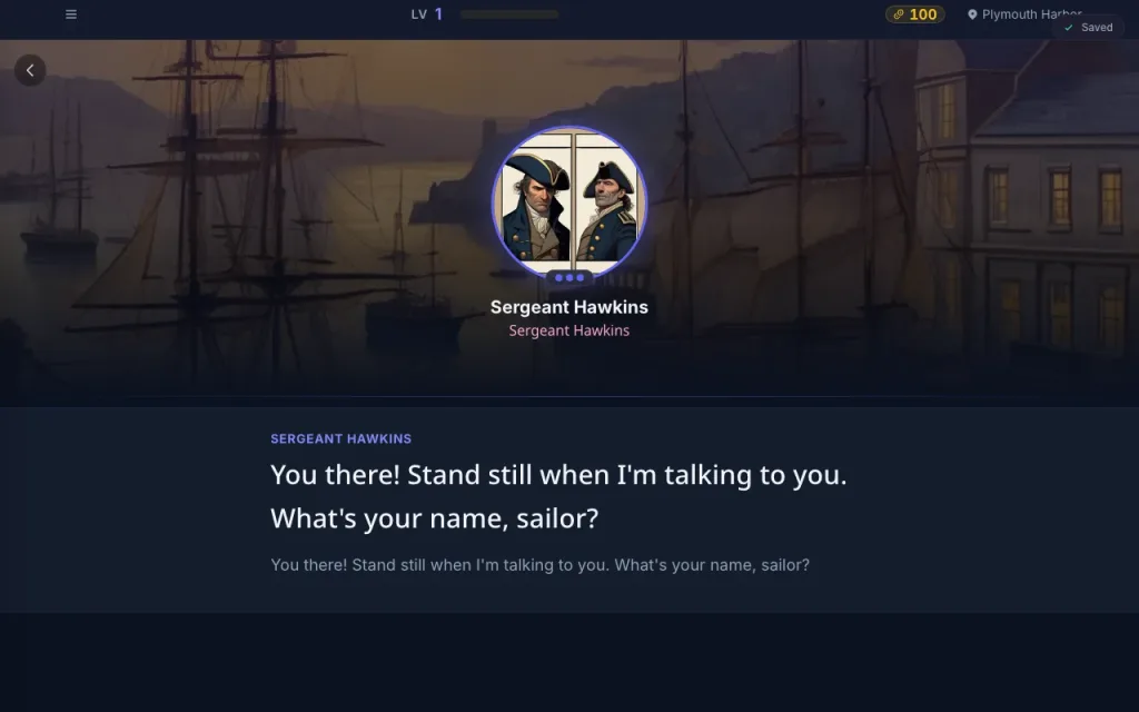 A conversation with a character in the target language with translated text beneath it
