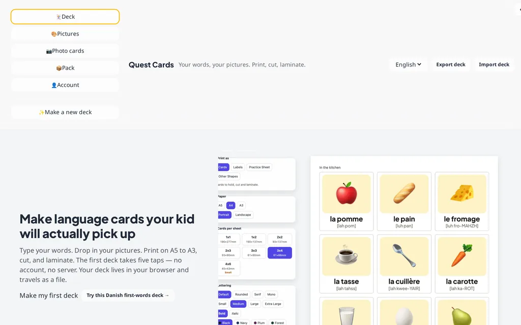 Quest Cards print studio showing a sheet of French kitchen word cards with pictures and pronunciation