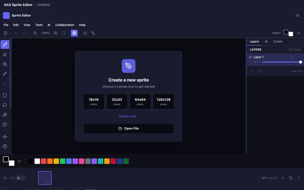 Sprite Editor showing the new-sprite dialog, layers panel and colour palette