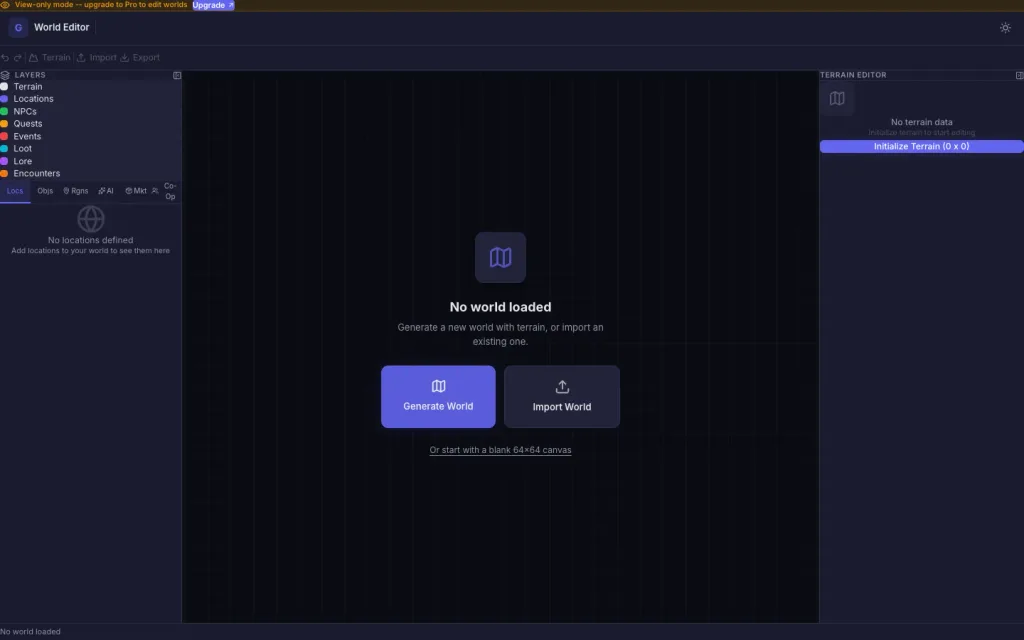 World Editor with the layer list, the generate-or-import prompt and the terrain editor panel
