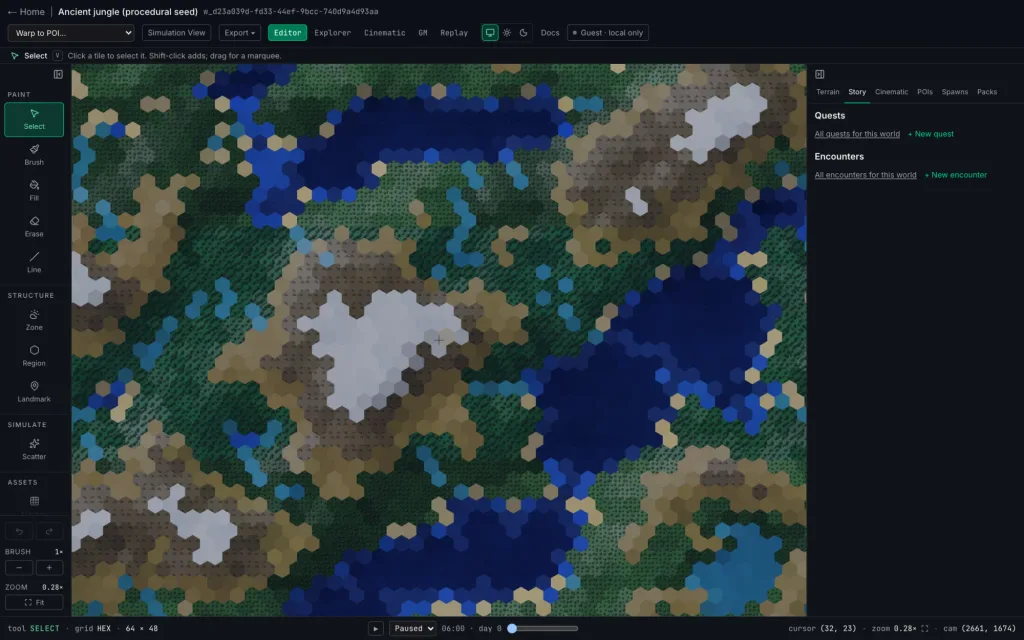 The 2D editor with a procedurally generated jungle hex map, the paint toolbar and the story panel