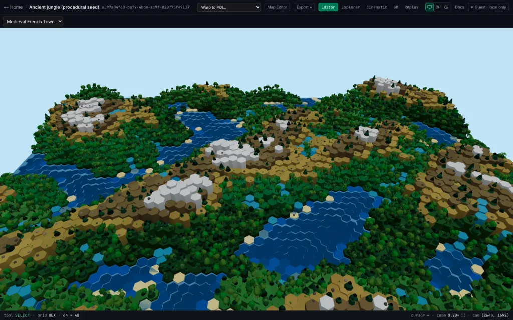 The simulation view rendering the jungle world as a 3D landscape of hex columns, mountains and lakes
