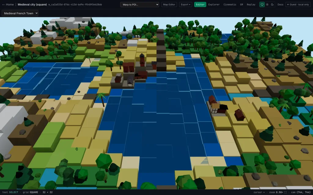 A medieval city in 3D with timber-framed and brick houses, towers, a crossroads and farmland around it