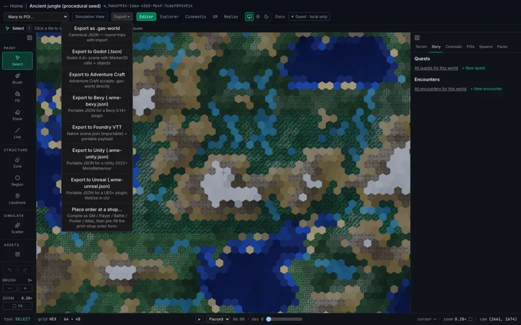 The export menu listing .gas-world, Godot, Adventure Craft, Bevy, Foundry VTT, Unity and Unreal targets
