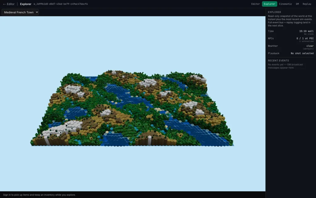 Explorer mode showing the 3D jungle world with the time, NPC and weather readout panel