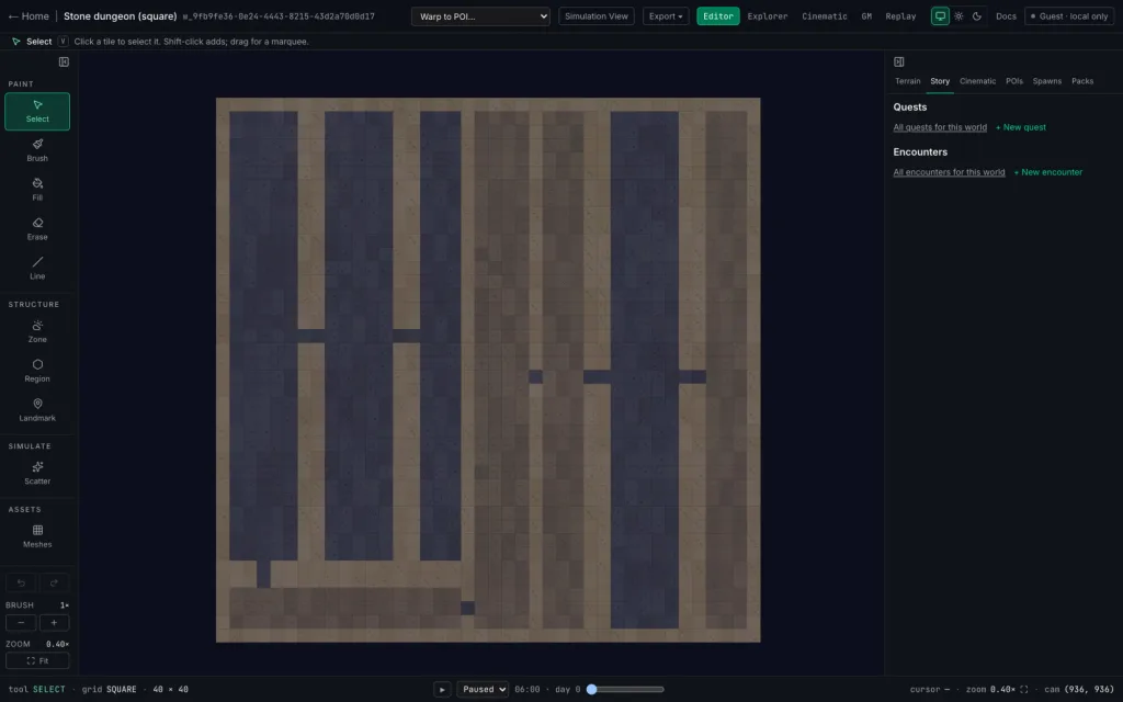 A procedurally generated stone dungeon on a square grid in the 2D editor